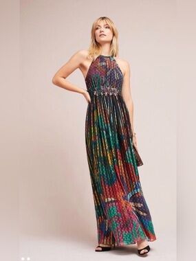 NWT Anthropologie Geisha Designs Pleated Floral Halter Maxi Dress Size 8